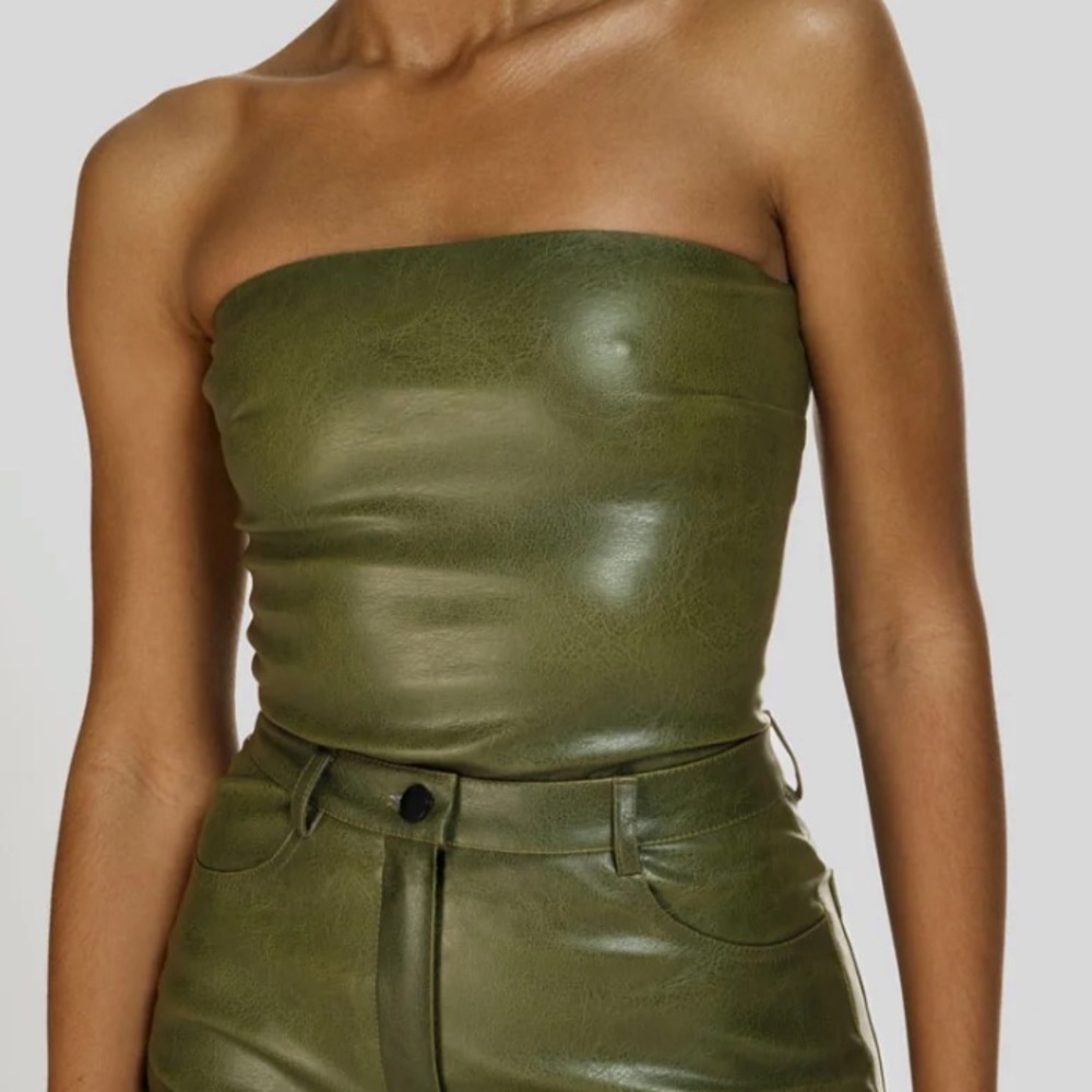 Olive Green Strapless vegan Leather Top